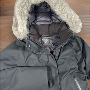 Athleta Downtown Parka II Womens M Black Long Down Faux Fur Hood Puffer Coat